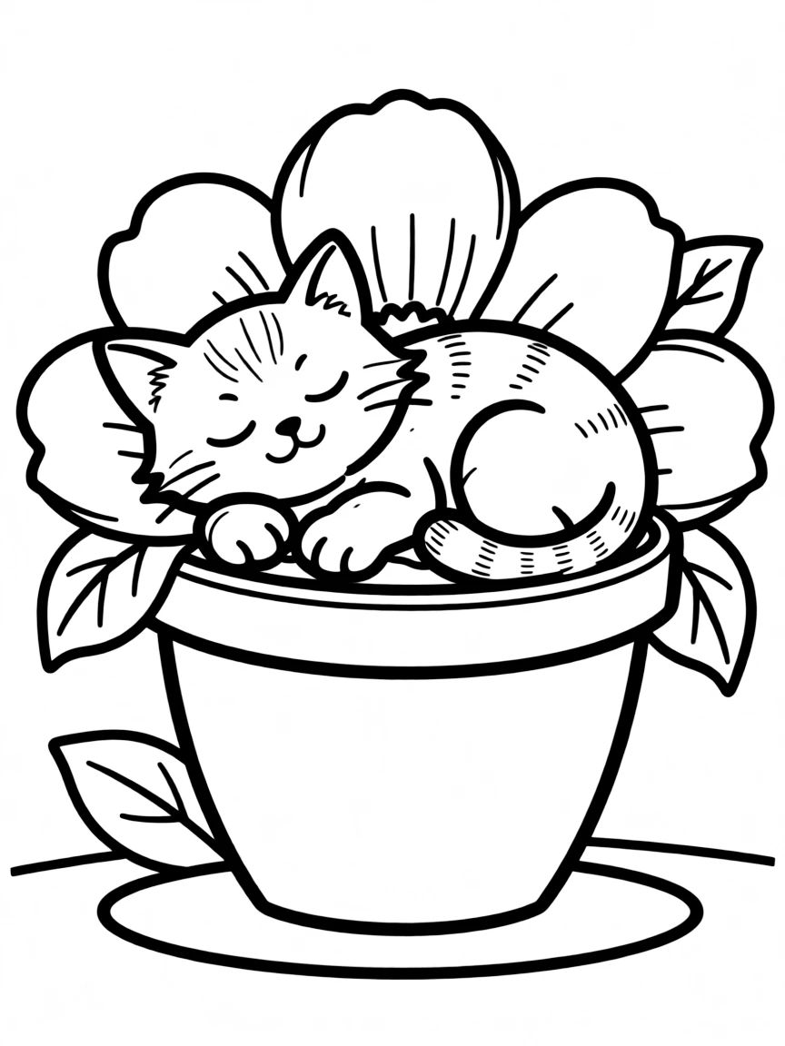 A kitten sleeping inside a flower pot.