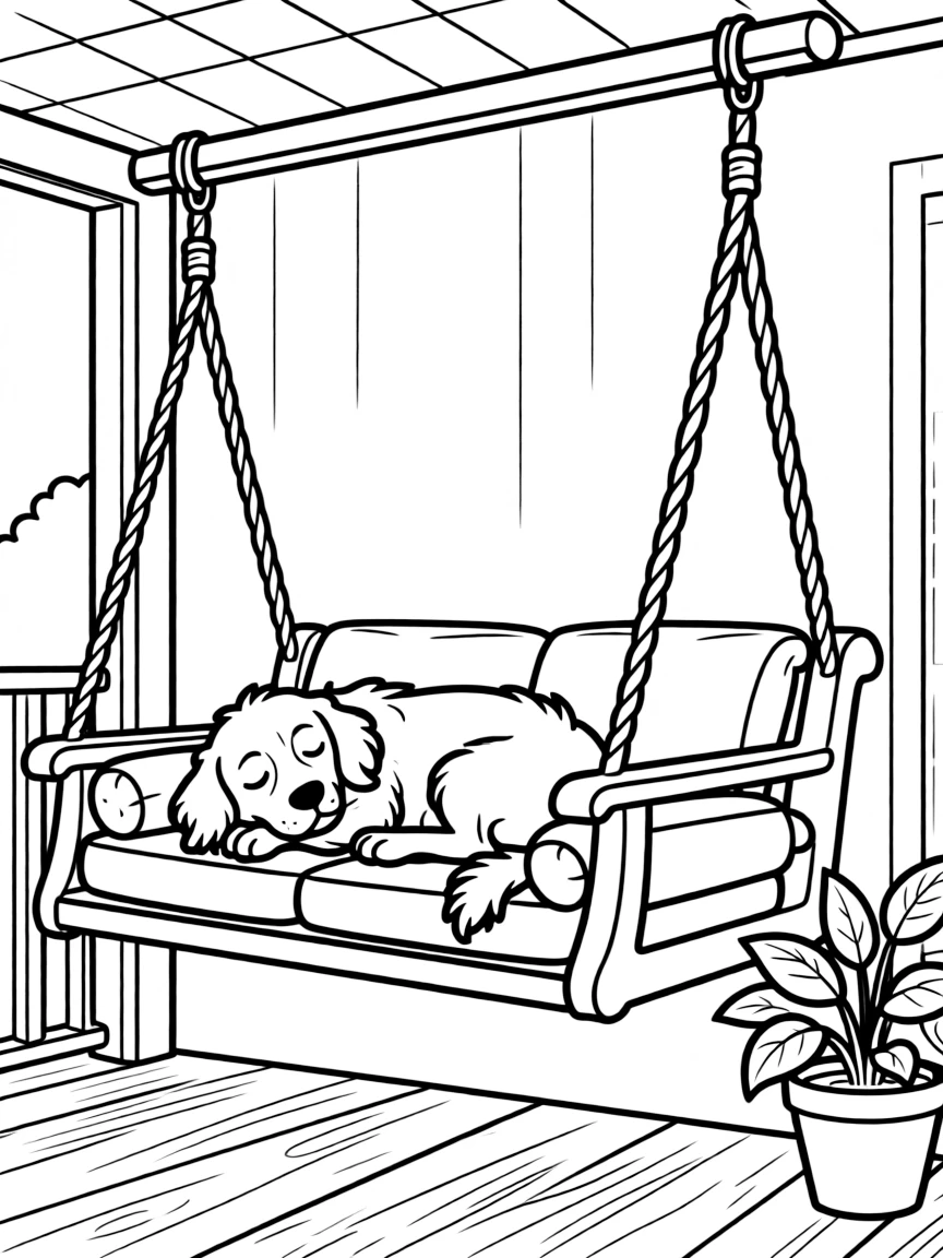 A dog taking a nap on a porch swing.