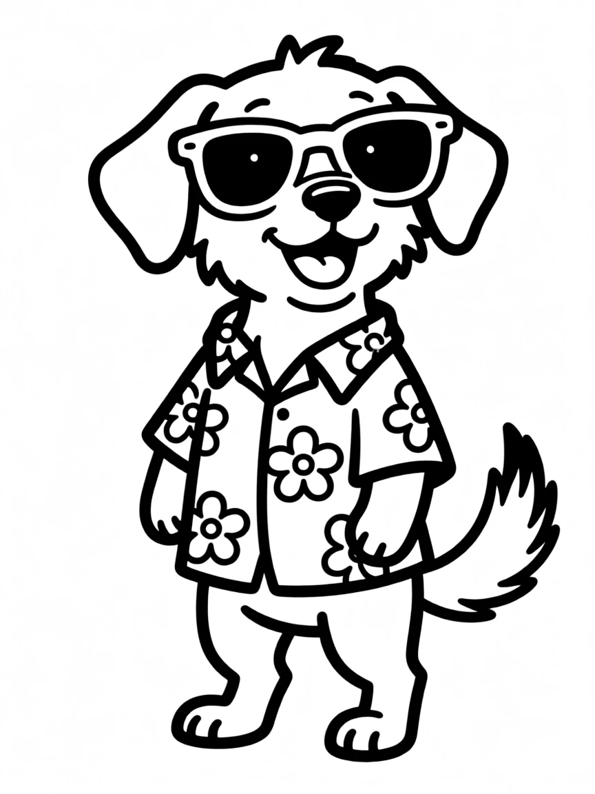 A dog wearing sunglasses and a Hawaiian shirt.