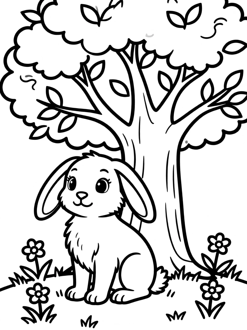 A rabbit with long floppy ears sitting under a tree.