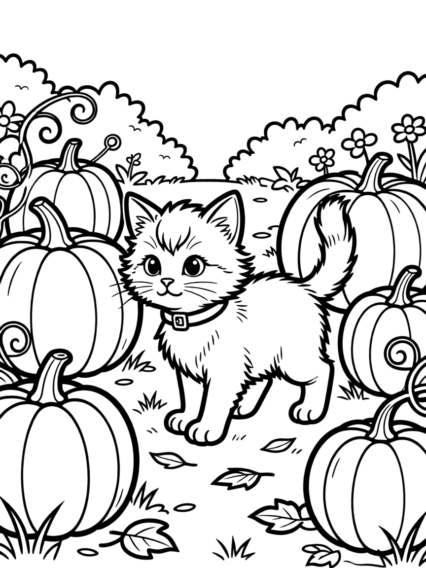 A kitten exploring a pumpkin patch.