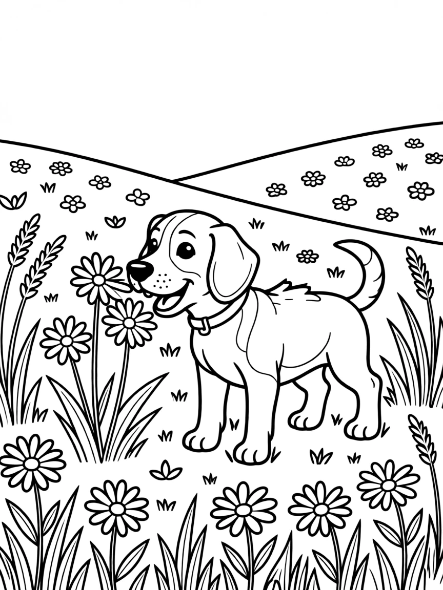 A beagle sniffing flowers in a meadow.