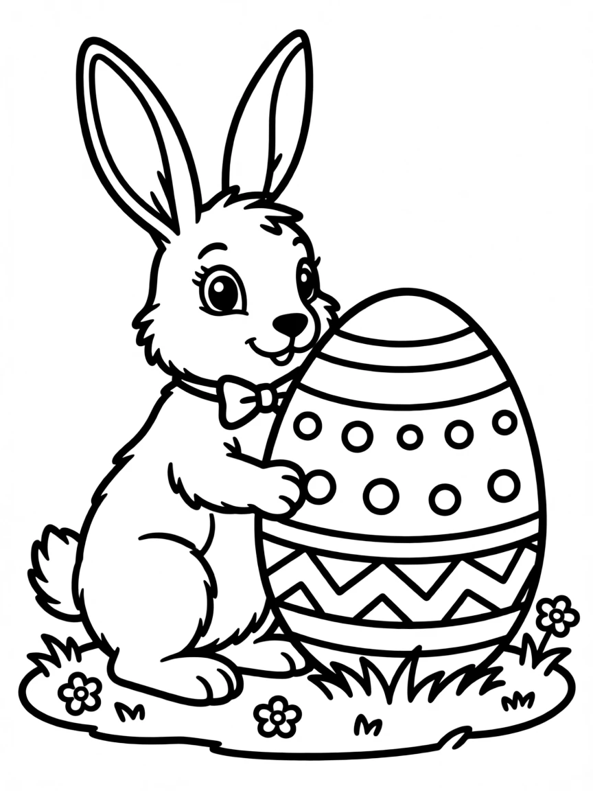 A rabbit standing next to a decorated Easter egg.