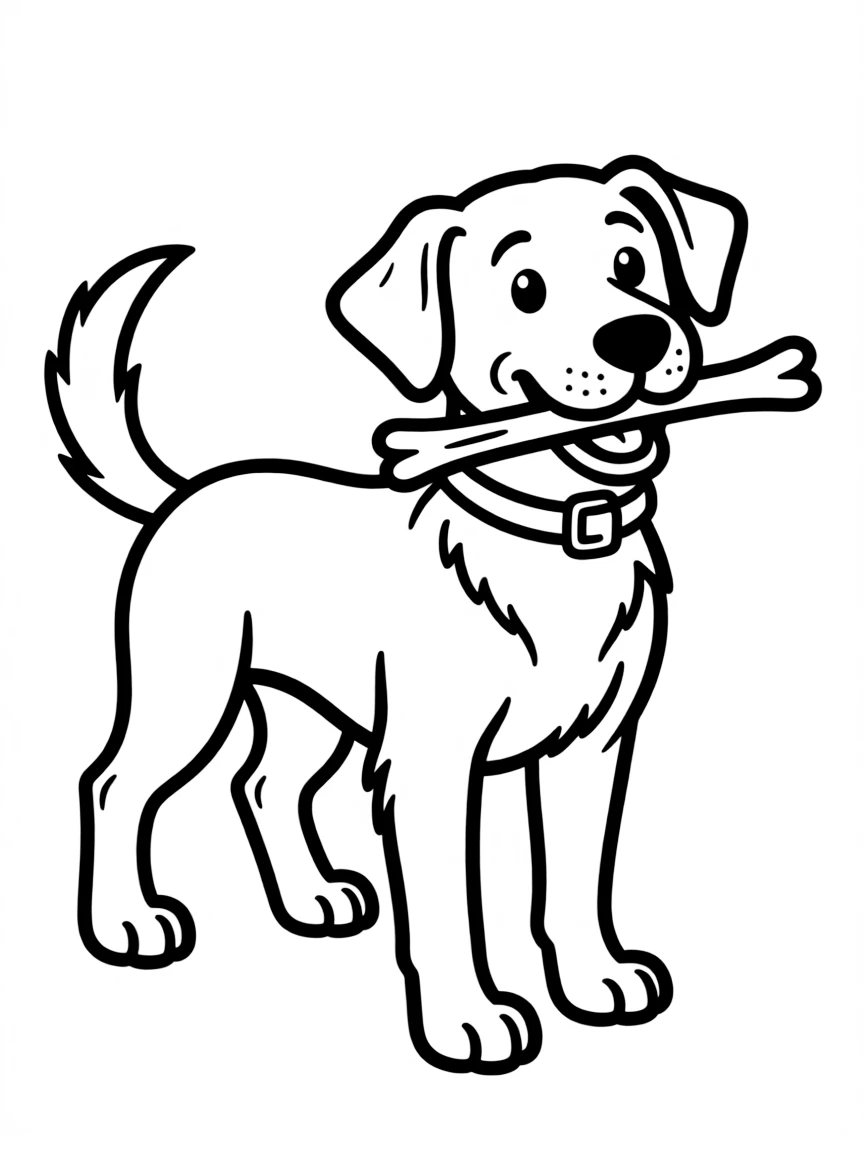 A dog wagging its tail while holding a stick.