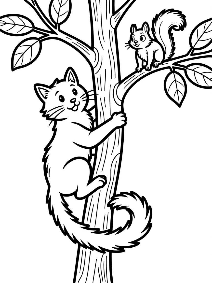 A cat climbing a tree to chase a squirrel.