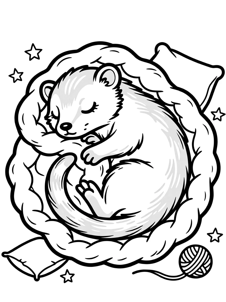 A ferret curled up in a soft blanket.