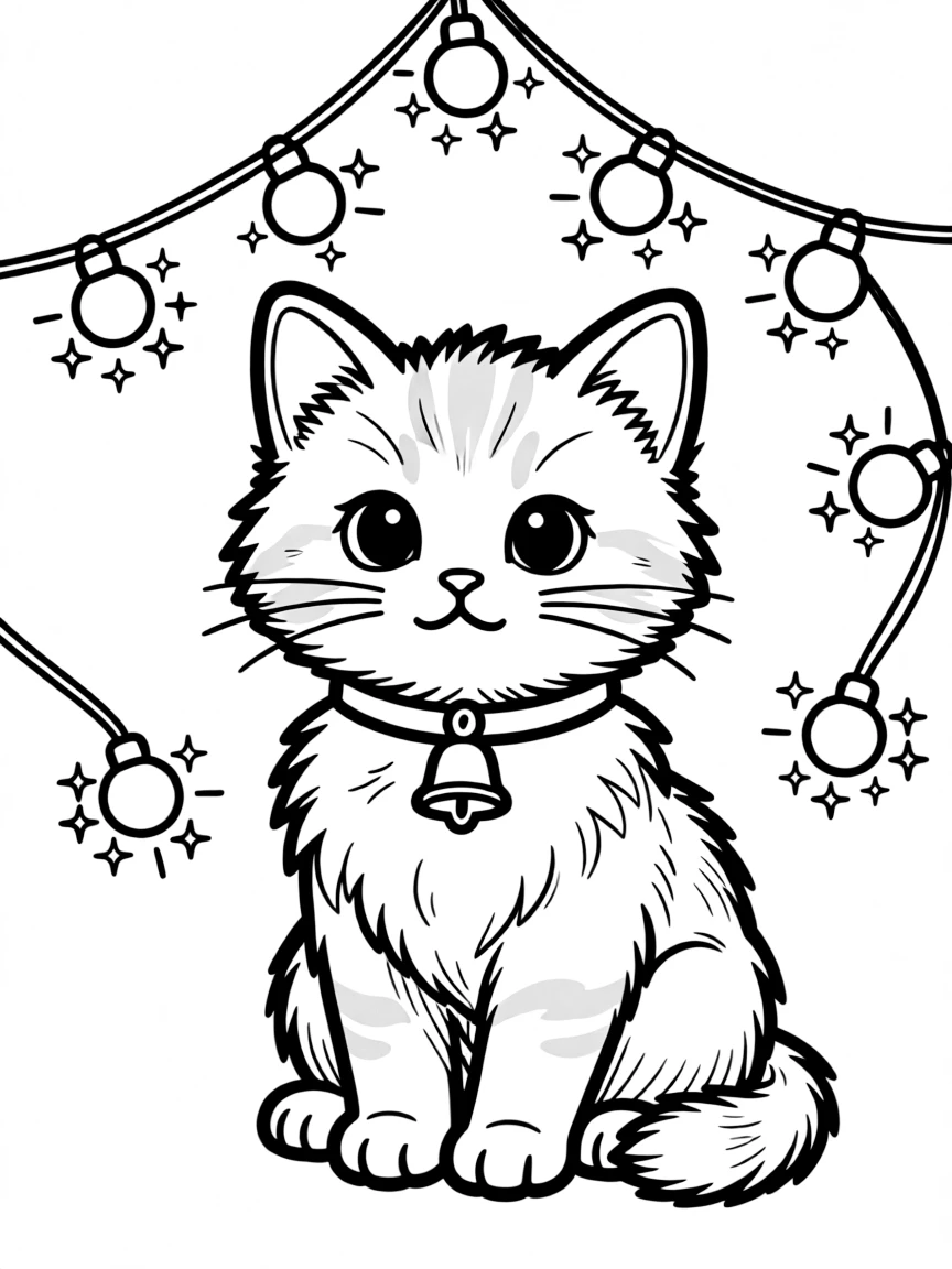 A fluffy kitten surrounded by twinkling fairy lights.