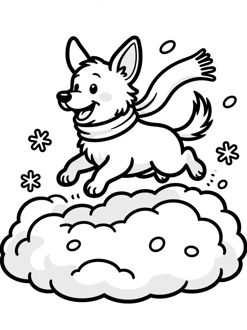 A dog happily jumping into a pile of snow.