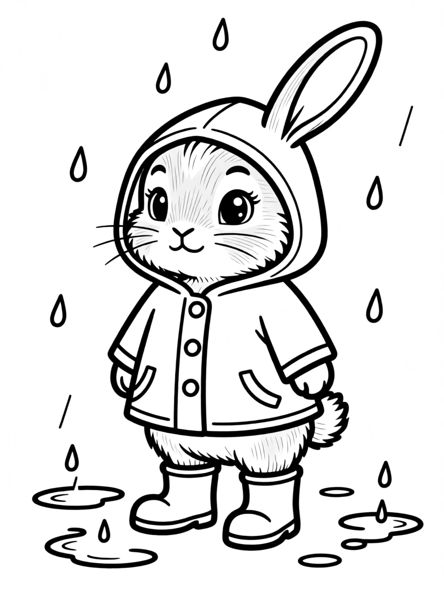 A rabbit wearing a tiny raincoat and boots.