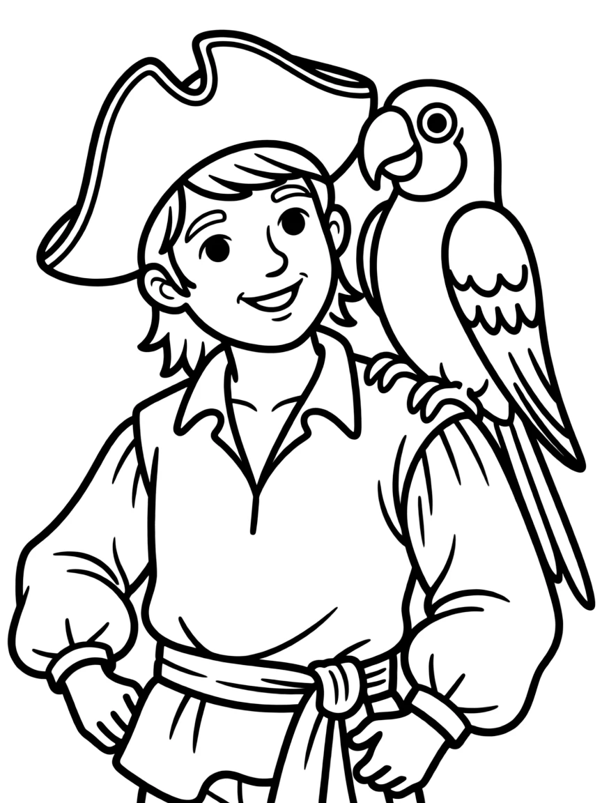 A parrot sitting on a pirate’s shoulder.