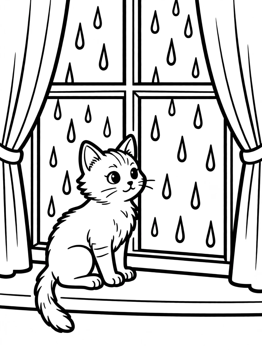 A kitten looking out of a rainy window.
