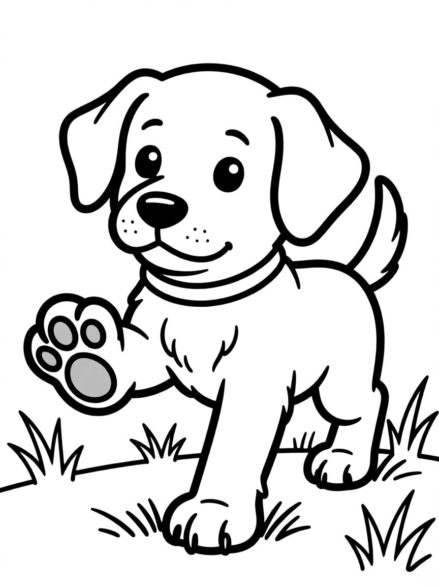 A puppy with oversized paws stumbling as it walks.