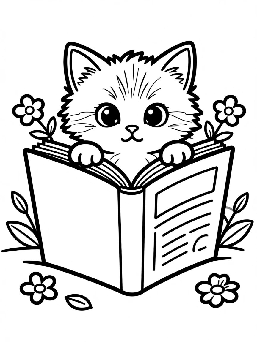A kitten hiding inside an open book.