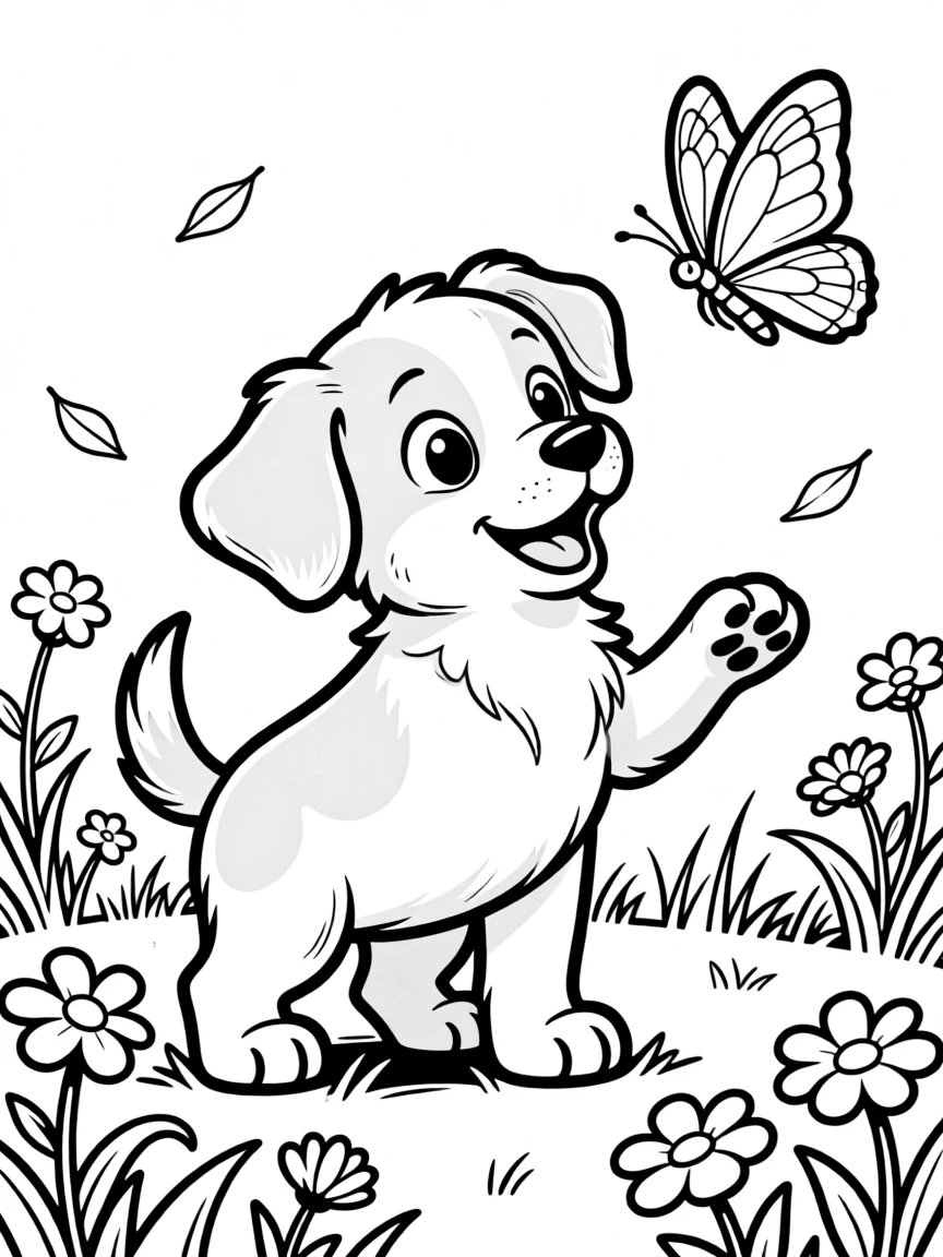 A puppy playing with a butterfly in a meadow.