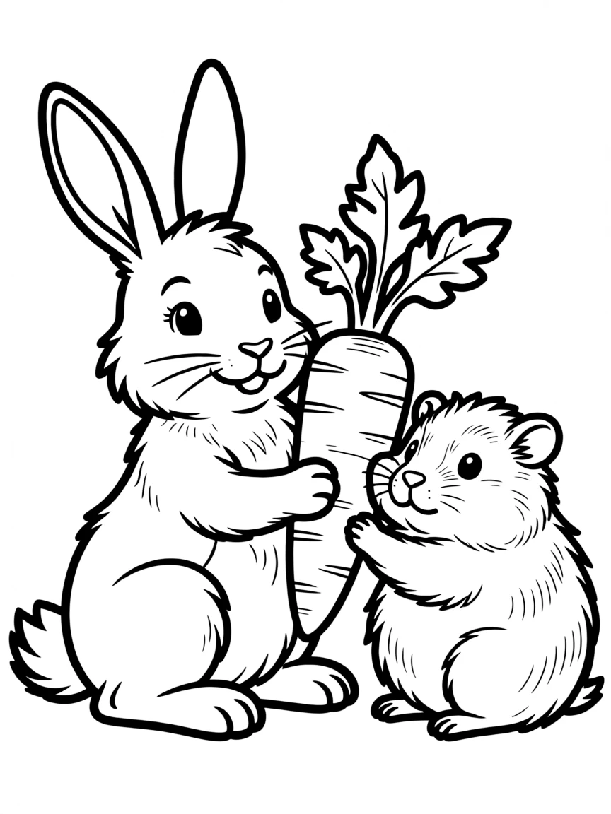 A rabbit and a guinea pig sharing a carrot.