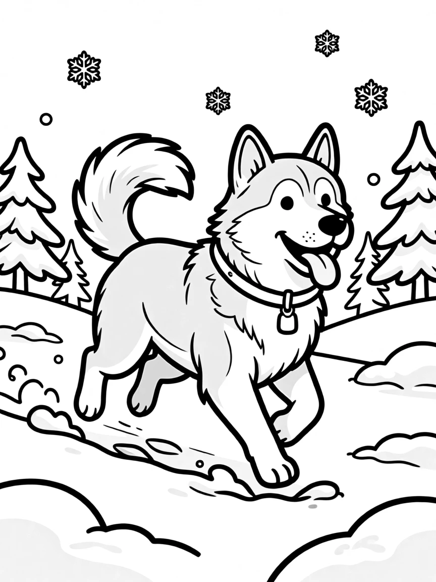 A husky running through the snow with its tongue out.