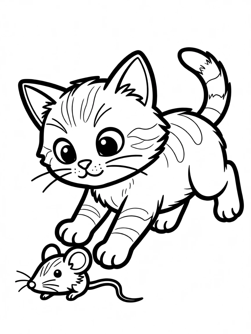 A kitten pouncing on a toy mouse.
