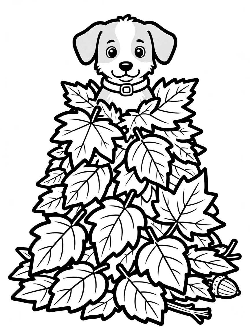 A puppy hiding inside a tall pile of autumn leaves.