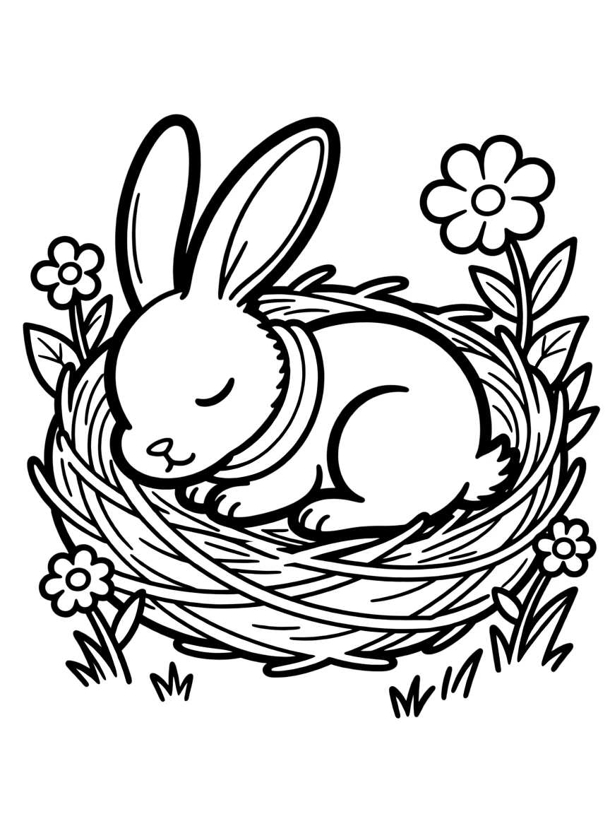 A rabbit sleeping peacefully in a soft nest.