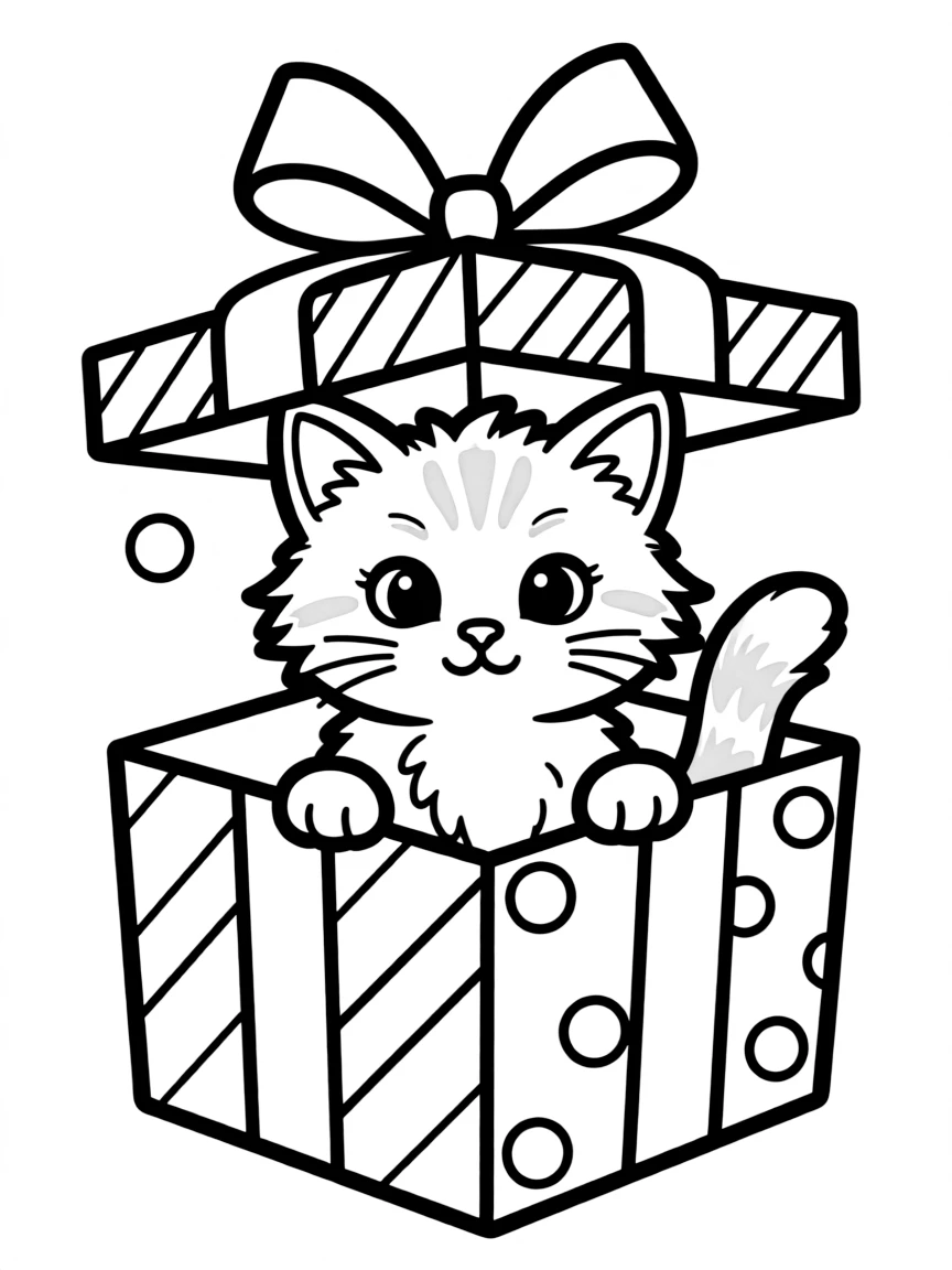 A kitten inside a Christmas present box.