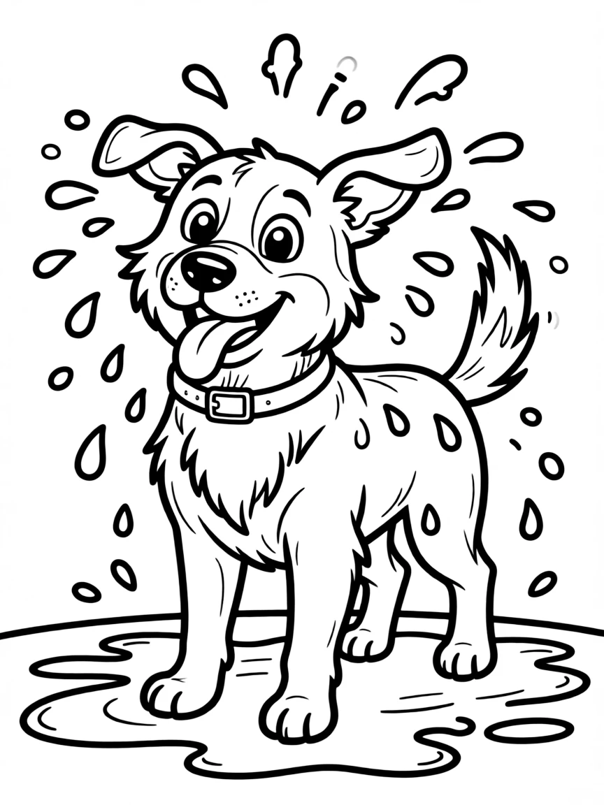 A dog making a funny face while shaking off water.