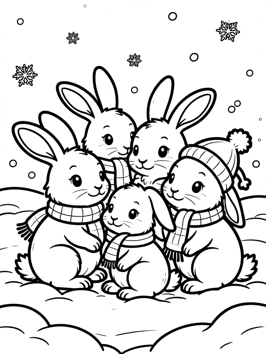 A group of bunnies snuggling together in the winter snow.