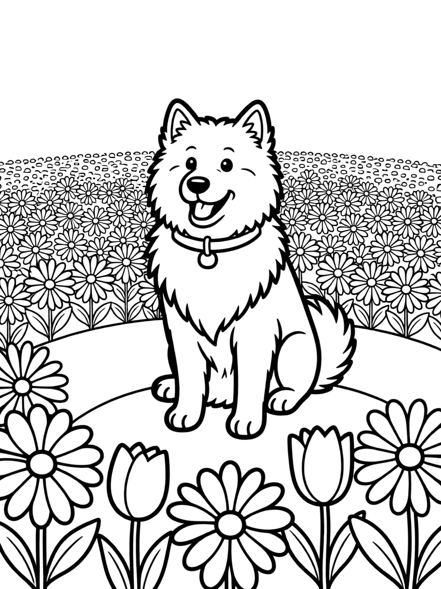 A fluffy Samoyed sitting in a flower field.
