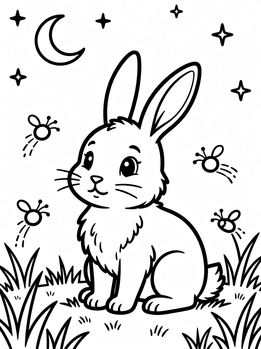 A rabbit surrounded by twinkling fireflies at night.