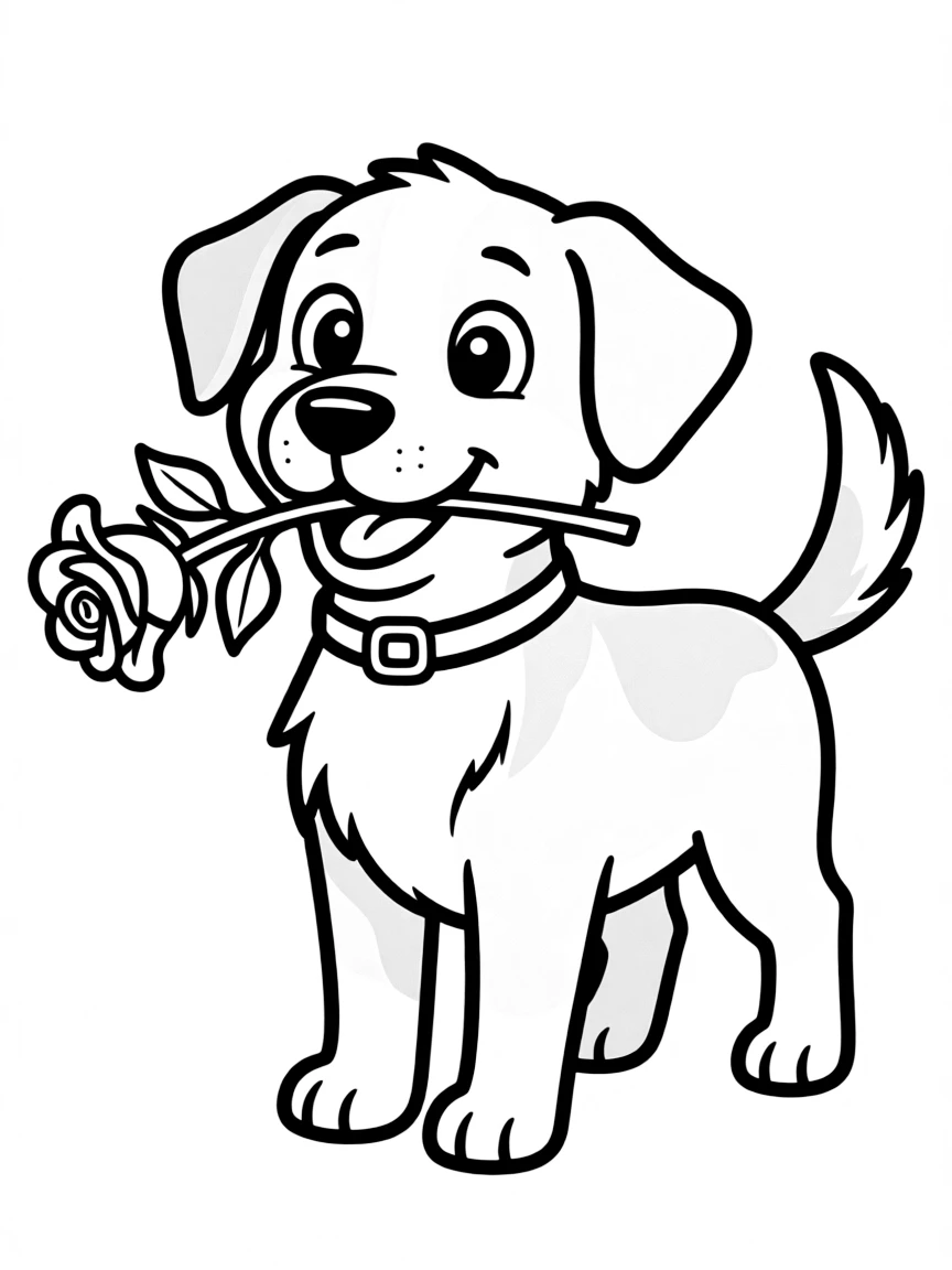A dog holding a single rose in its mouth.