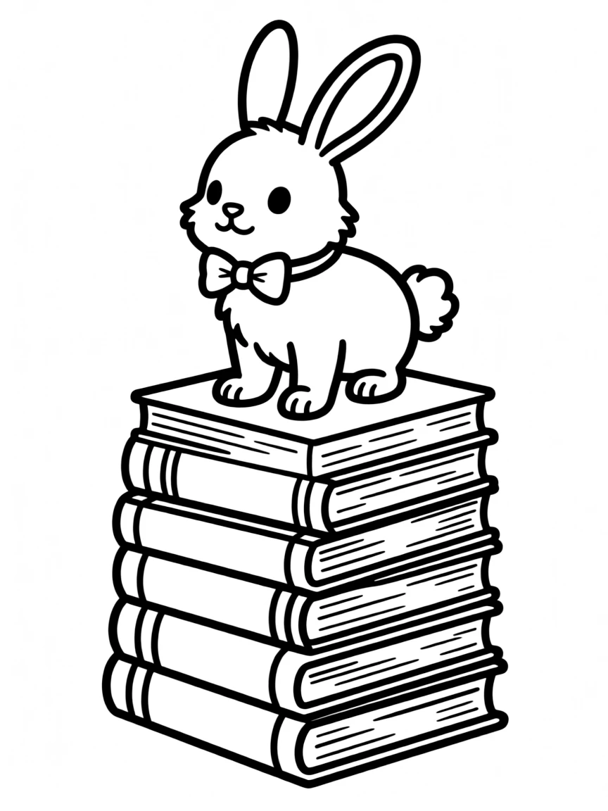 A bunny standing on a stack of books.