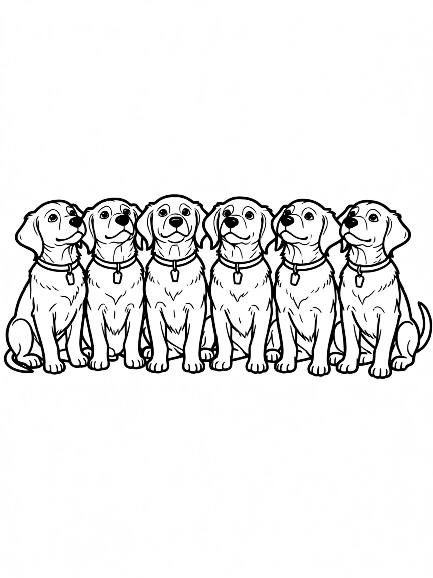 A group of puppies sitting in a row, looking up in unison.