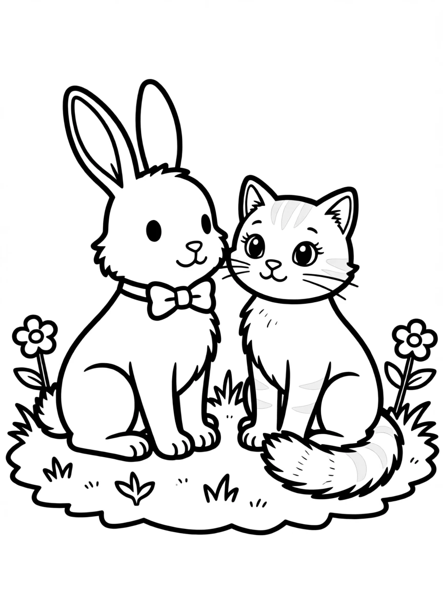 A rabbit and a cat sitting together peacefully.