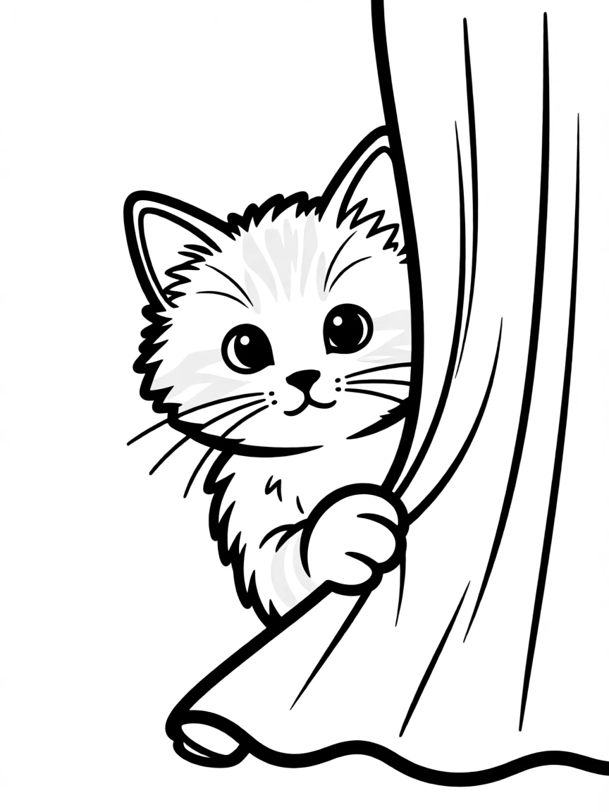 A kitten peeking from behind a curtain.