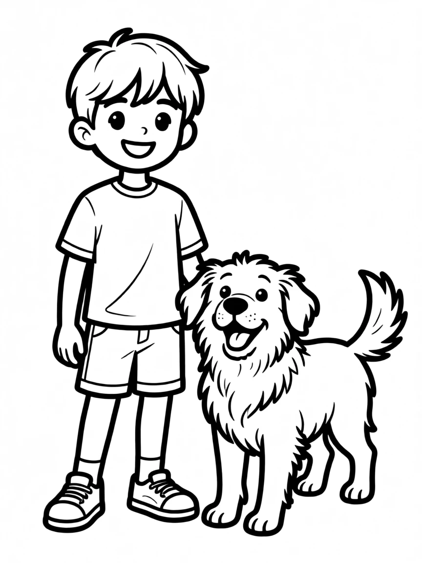 A dog standing proudly next to its owner.