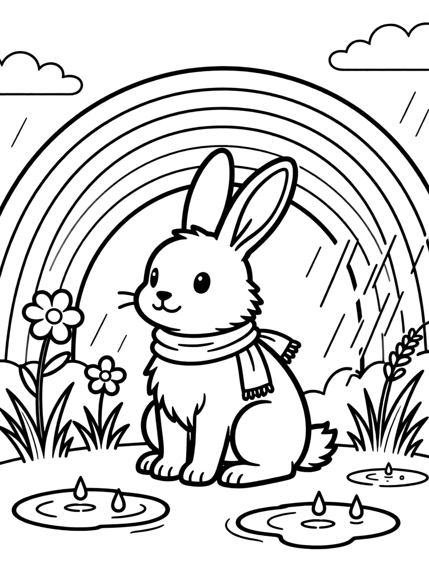 A rabbit sitting under a rainbow after a rainy day.