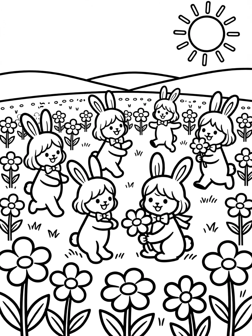 A group of bunnies playing in a field of flowers.
