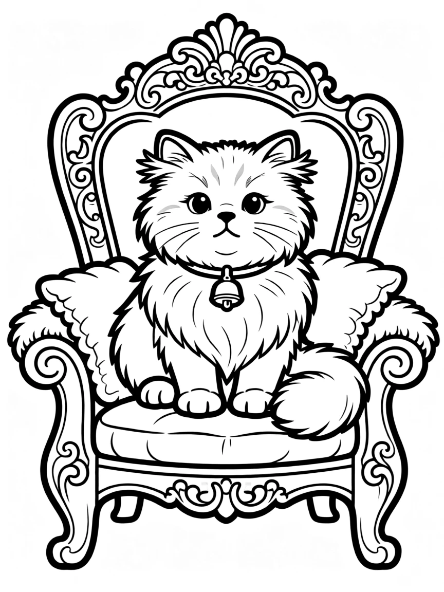 A fluffy Persian cat sitting on a throne-like chair.