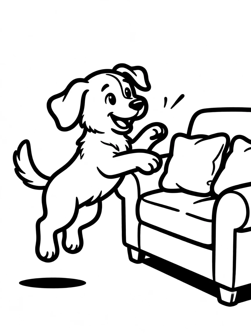A puppy with floppy ears trying to jump onto a couch.