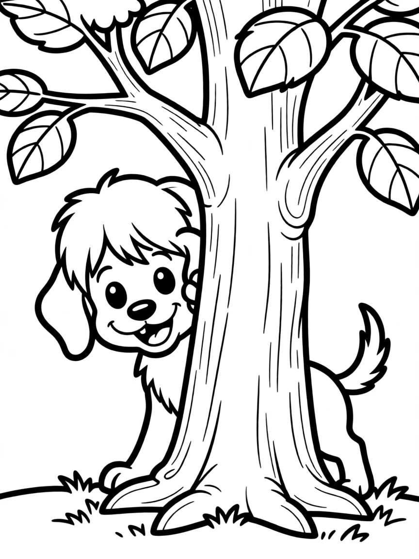 A dog playing hide and seek behind a tree.