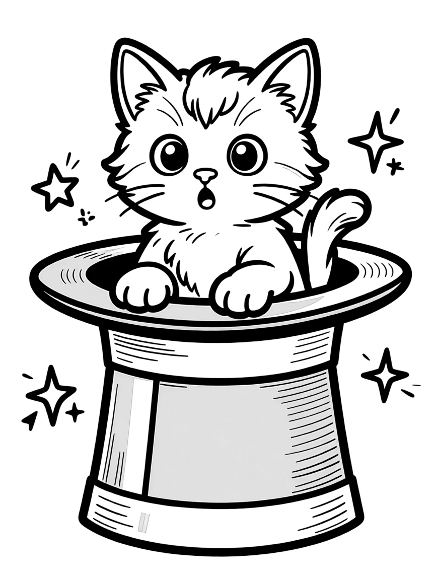 A kitten sitting inside a magician's hat, looking surprised.