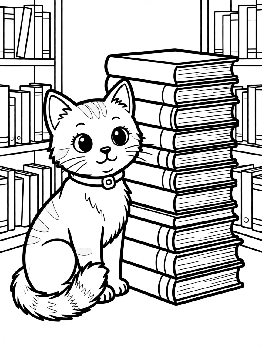 A cat sitting beside a stack of books in a library.