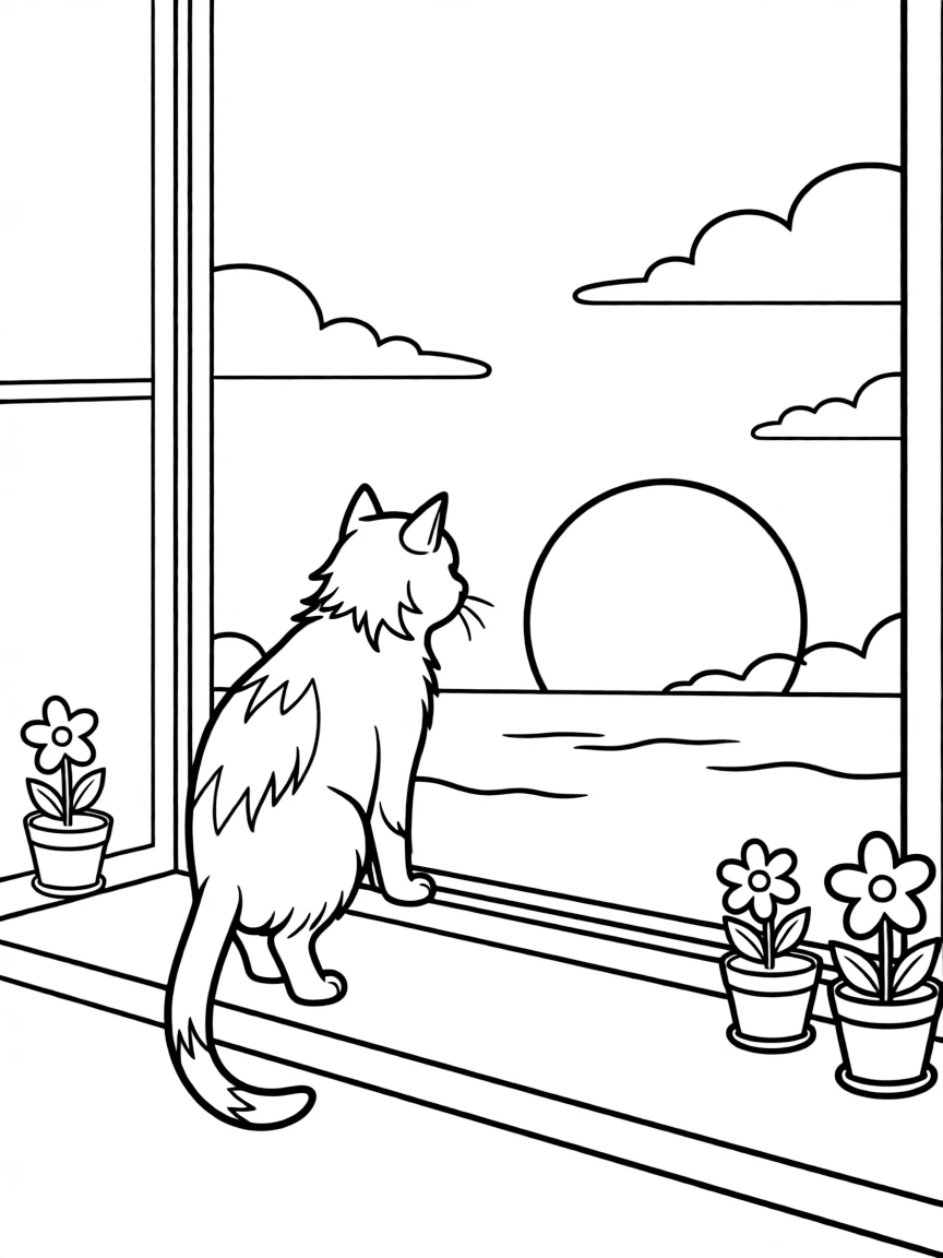 A cat standing on a windowsill, watching the sunset.