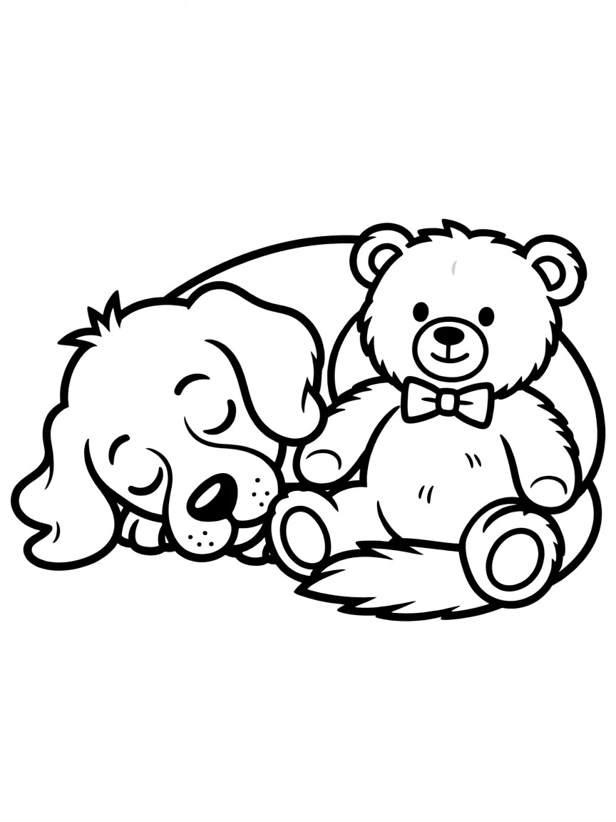 A dog sleeping peacefully with a teddy bear.