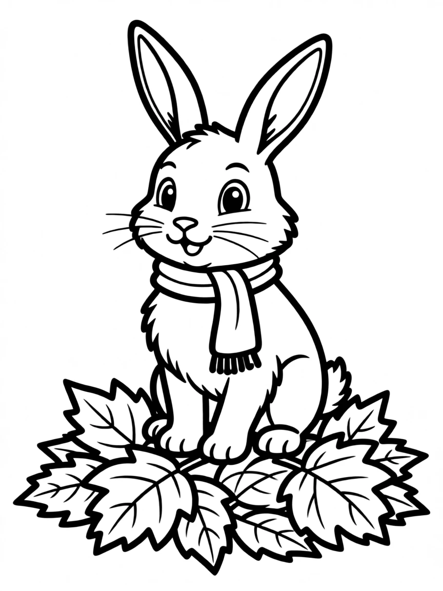 A rabbit standing on a pile of leaves, ears perked up.