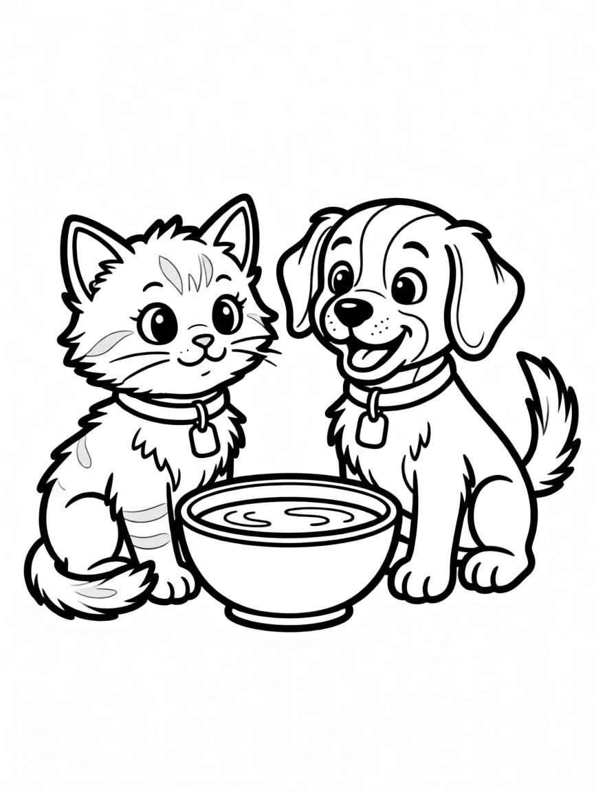 A kitten and a puppy sharing a bowl of milk.