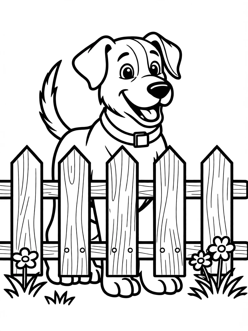 A dog peeking out from behind a fence.