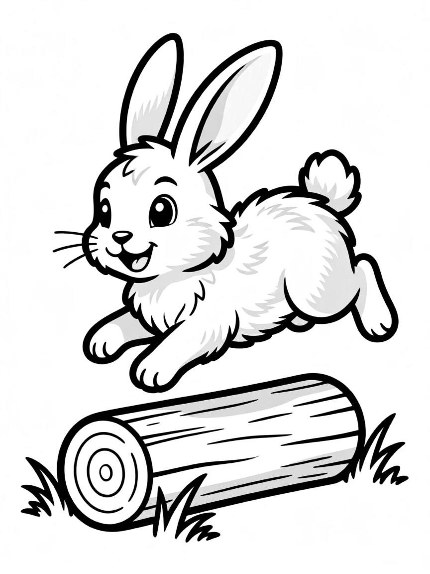 A rabbit jumping over a tiny log.