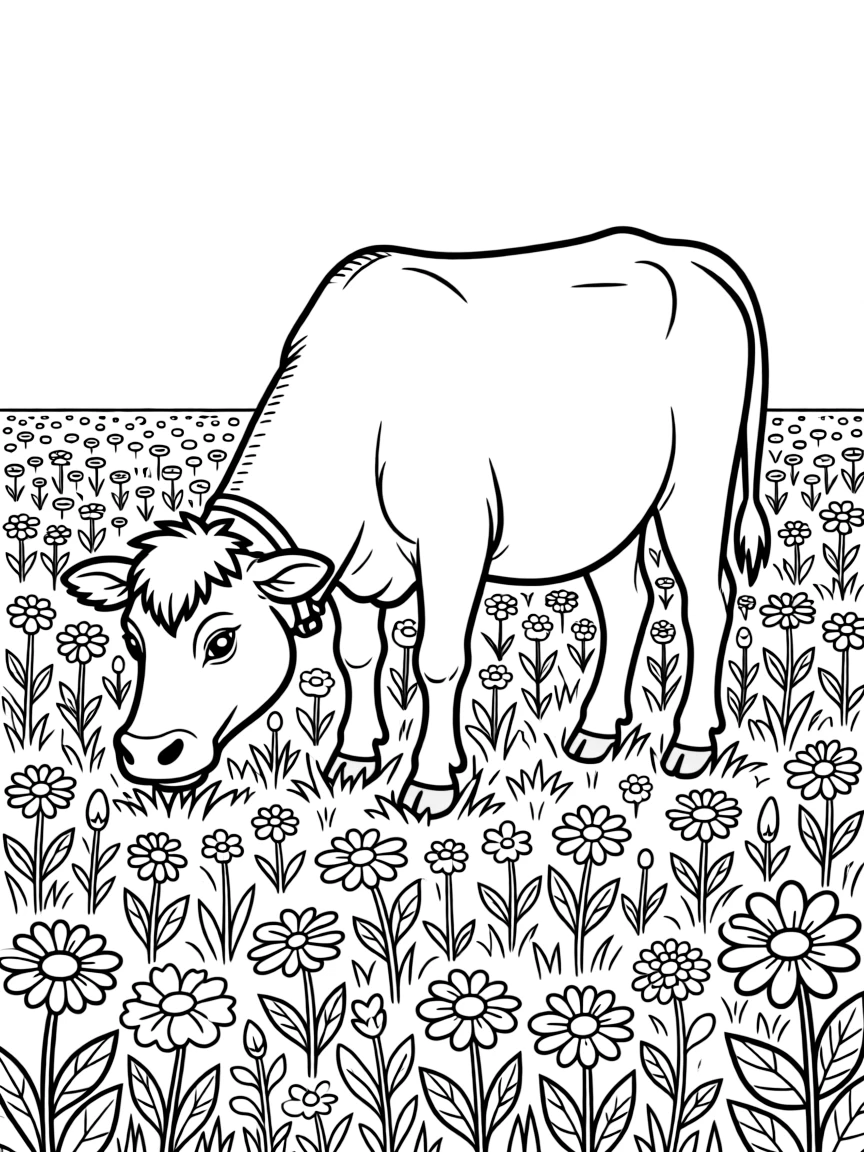 A cow grazing in a field full of wildflowers.