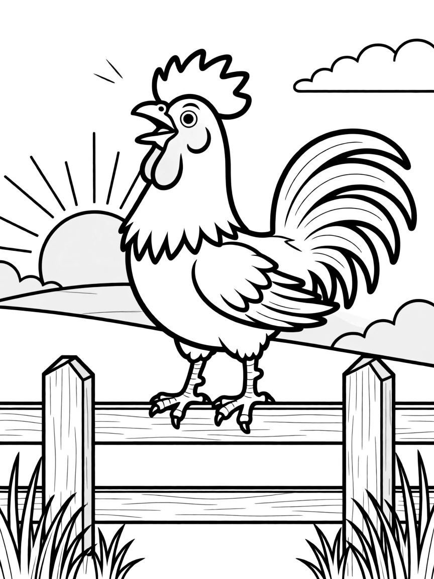 A rooster standing proudly on a fence at sunrise.