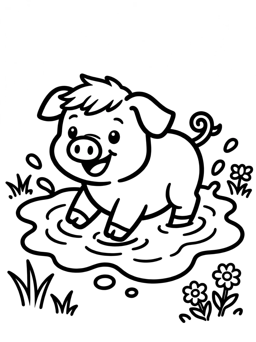 A pig rolling around in a muddy puddle.